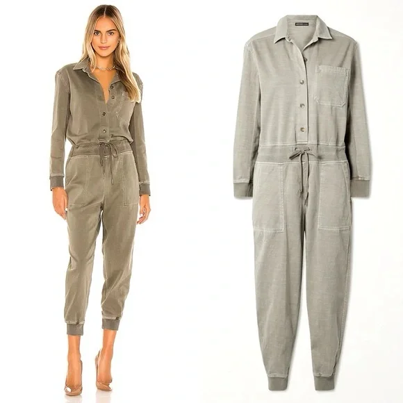 James Perse tan long sleeve button front jogger style jumpsuit XS - Picture 1 of 8